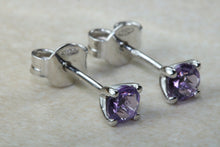 Load image into Gallery viewer, Natural Amethyst stud earrings, 18ct white gold, four claw solitaire studs,February birthstone,Aquarius zodiac gem.Ideal gift solution