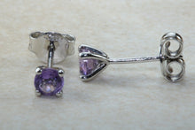 Load image into Gallery viewer, Natural Amethyst stud earrings, 18ct white gold, four claw solitaire studs,February birthstone,Aquarius zodiac gem.Ideal gift solution