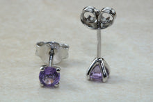 Load image into Gallery viewer, Natural Amethyst stud earrings, 18ct white gold, four claw solitaire studs,February birthstone,Aquarius zodiac gem.Ideal gift solution