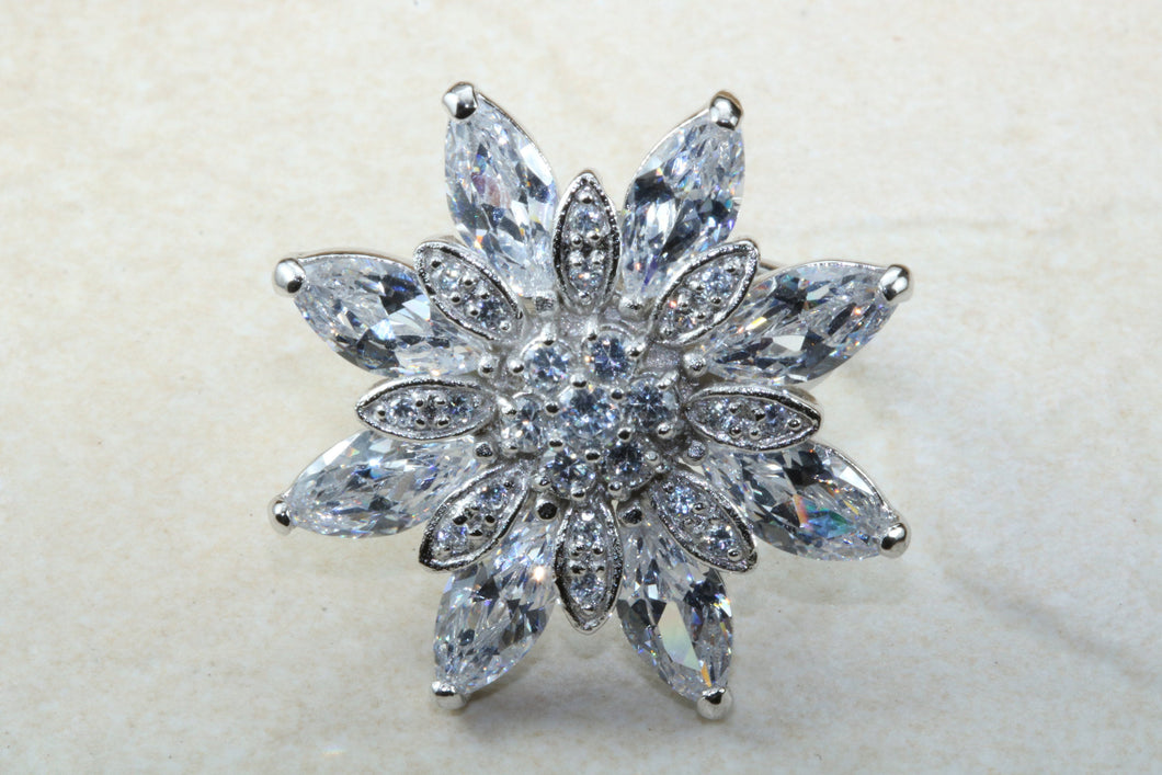 Very very large dress or statement ring, diamond white cubic zirconias set in sterling silver. snowflake ring. Perfect gift solution