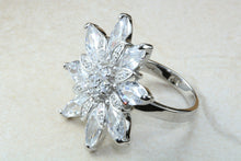 Load image into Gallery viewer, Very very large dress or statement ring, diamond white cubic zirconias set in sterling silver. snowflake ring. Perfect gift solution