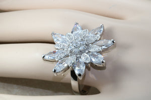 Very very large dress or statement ring, diamond white cubic zirconias set in sterling silver. snowflake ring. Perfect gift solution