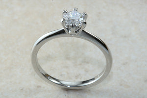 Traditional yet elegant Charles and Colvard Mossainte solitaire, top Forever One grade Lab created Diamond, 0.50 to 3 carat sizes available