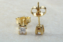 Load image into Gallery viewer, Simple diamond solitaire stud earings,real princess cut diamonds set in 18ct yellow gold, perfect for everyday wear. Ideal gift solution
