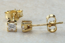 Load image into Gallery viewer, Simple diamond solitaire stud earings,real princess cut diamonds set in 18ct yellow gold, perfect for everyday wear. Ideal gift solution