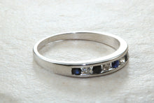 Load image into Gallery viewer, Simple and dainty blue Sapphire and Diamond set eternity ring,natural blue sapphire and diamonds set in 9ct white gold, perfect for all ages