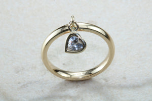 Petite yellow gold band with heart dropper, solid 9ct yellow gold and heart cubic zirconia. Perfect dress ring, ideal gift for any occasion