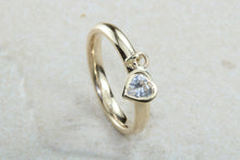 Load image into Gallery viewer, Petite yellow gold band with heart dropper, solid 9ct yellow gold and heart cubic zirconia. Perfect dress ring, ideal gift for any occasion