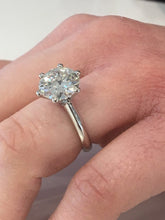 Load image into Gallery viewer, 3 carat round Forever One Moissanite Diamond solitaire. Charles and Colvard 9.50 mm round set in classic 6 claw platinum engagement ring