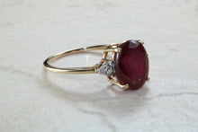 Load image into Gallery viewer, Ruby and Diamond dress ring, large 4 carat natural ruby with natural diamonds on the sides, perfect dress or statement ring, Ruby anniversry