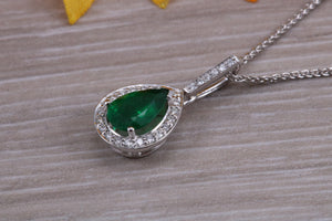 Emerald and Diamond Halo set 18ct White Gold Necklace