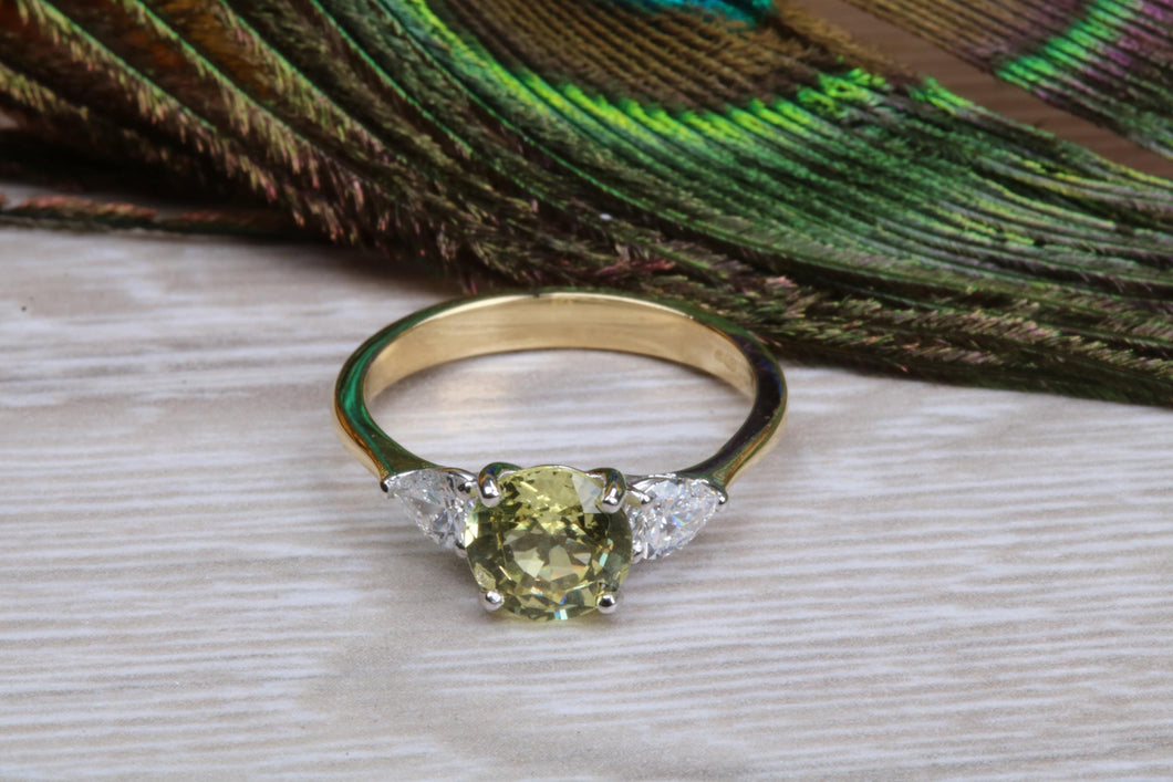 All Natural and Non Treated Yellow Sapphire and Pear Drop cut Diamond Trilogy Ring