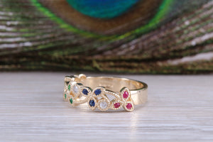 Multi Gemstone Floral Designed Yellow Gold Ring