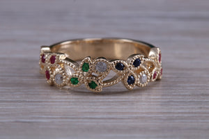 Multi Gemstone Floral Designed Yellow Gold Ring