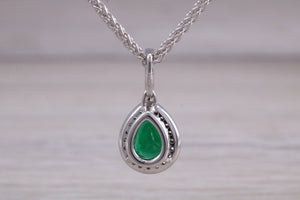 Emerald and Diamond Halo set 18ct White Gold Necklace