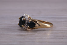 Load image into Gallery viewer, Beautiful Blue Sapphire and Diamond cluster dress ring, dark blue Sapphire with top white grade diamonds set in 9ct Yellow gold