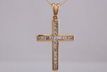Load image into Gallery viewer, 9ct yellow gold Diamond set cross together with 18 inch long chain, British hallmarked