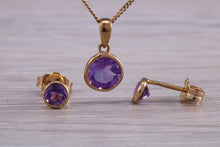 Load image into Gallery viewer, Round cut Amethyst Earring and Matching Necklace set in Yellow Gold