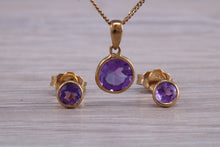 Load image into Gallery viewer, Round cut Amethyst Earring and Matching Necklace set in Yellow Gold