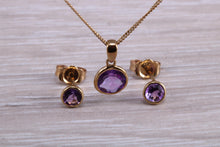 Load image into Gallery viewer, Round cut Amethyst Earring and Matching Necklace set in Yellow Gold