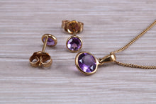 Load image into Gallery viewer, Round cut Amethyst Earring and Matching Necklace set in Yellow Gold