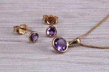 Load image into Gallery viewer, Round cut Amethyst Earring and Matching Necklace set in Yellow Gold