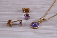 Load image into Gallery viewer, Round cut Amethyst Earring and Matching Necklace set in Yellow Gold