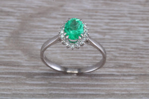 Emerald and Halo set Diamond White Gold Ring