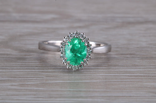 Emerald and Halo set Diamond White Gold Ring