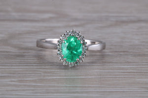 Emerald and Halo set Diamond White Gold Ring