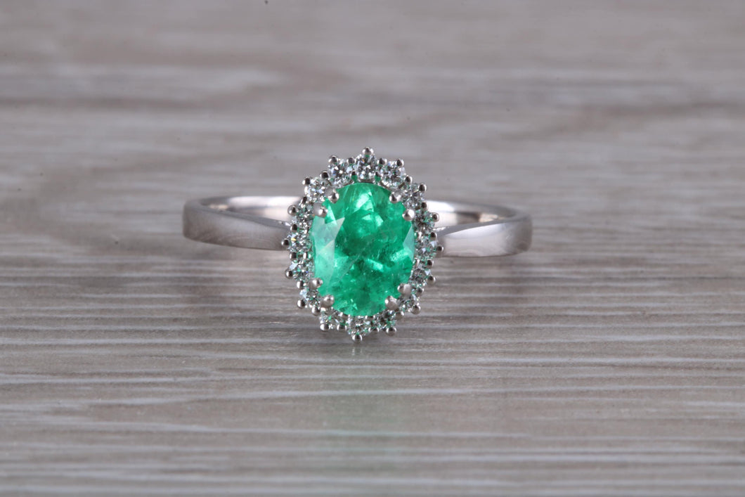 Emerald and Halo set Diamond White Gold Ring