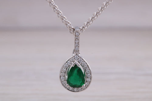 Emerald and Diamond Halo set 18ct White Gold Necklace