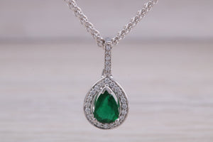 Emerald and Diamond Halo set 18ct White Gold Necklace