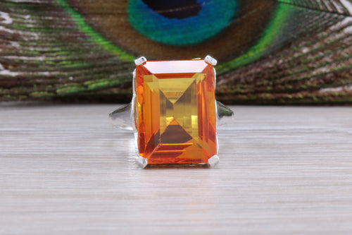 Large Rectangle cut Orange Citrine set Silver Ring