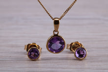 Load image into Gallery viewer, Round cut Amethyst Earring and Matching Necklace set in Yellow Gold