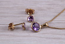Load image into Gallery viewer, Round cut Amethyst Earring and Matching Necklace set in Yellow Gold