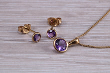 Load image into Gallery viewer, Round cut Amethyst Earring and Matching Necklace set in Yellow Gold