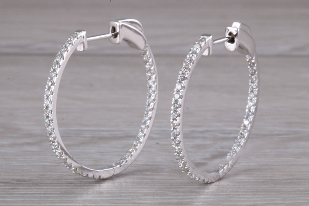 Large Full Circle set Diamond Hoop Earrings, Over One carat of Diamonds