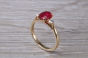 Natural Ruby and Diamond Trilogy Ring. Oval cut Ruby and Round cut Diamonds. July Birthstone, Ideal ruby anniversary gift