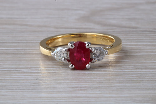 Natural Ruby and Diamond Trilogy Ring. Oval cut Ruby and Round cut Diamonds. 18ct Yellow / White gold, July Birthstone,Ruby anniversary