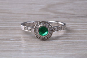 Emerald and Diamond Halo set White Gold Ring