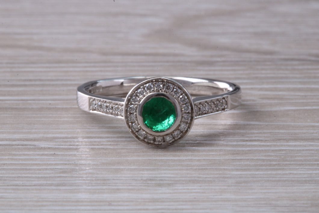 Emerald and Diamond Halo set White Gold Ring