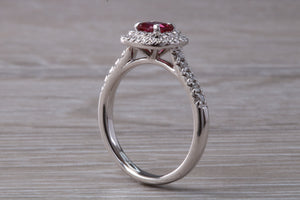 Cushion cut Burmese Ruby and Diamond Double Halo set Ring