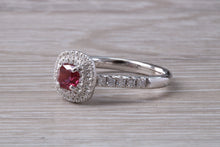 Load image into Gallery viewer, Cushion cut Burmese Ruby and Diamond Double Halo set Ring