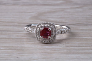 Cushion cut Burmese Ruby and Diamond Double Halo set Ring