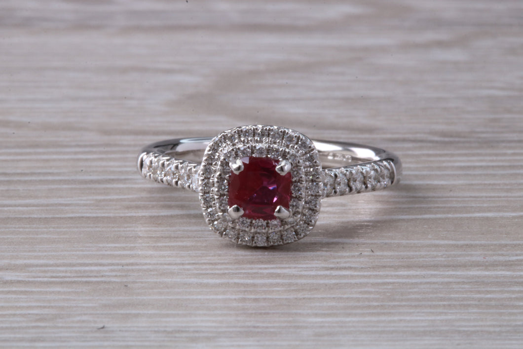 Cushion cut Burmese Ruby and Diamond Double Halo set Ring