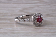 Load image into Gallery viewer, Cushion cut Burmese Ruby and Diamond Double Halo set Ring