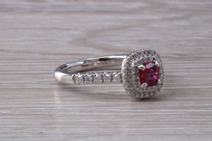 Cushion cut Burmese Ruby and Diamond Double Halo set Ring