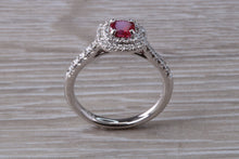 Load image into Gallery viewer, Cushion cut Burmese Ruby and Diamond Double Halo set Ring