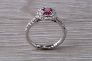 Cushion cut Burmese Ruby and Diamond Double Halo set Ring